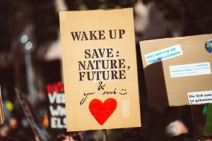 Cardboard sign that reads, "Wake up. Save nature, future, and your soul"