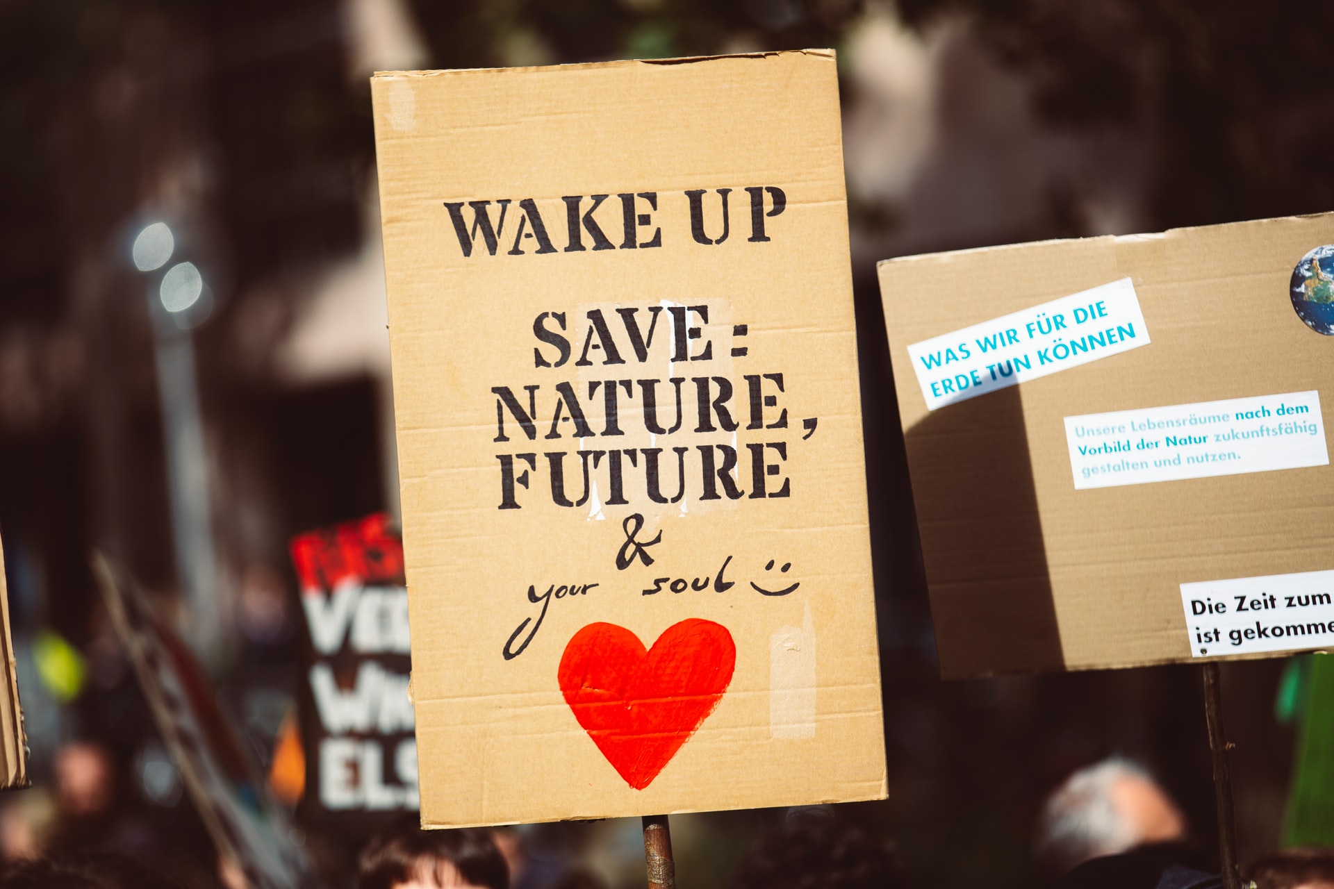 Cardboard sign that reads, "Wake up. Save nature, future, and your soul"